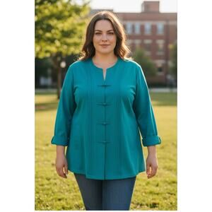 Maggie Barnes Womens PLUS 2X Linen Aqua Blue Frog Button Mandarin Collar Top